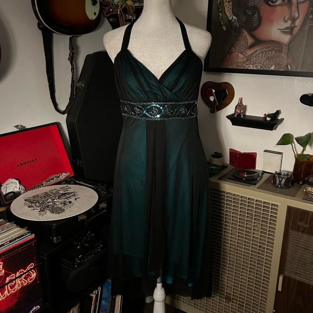 Vintage City Triangles Aqua and Black Mesh Halter Dress with Beaded Waistband.